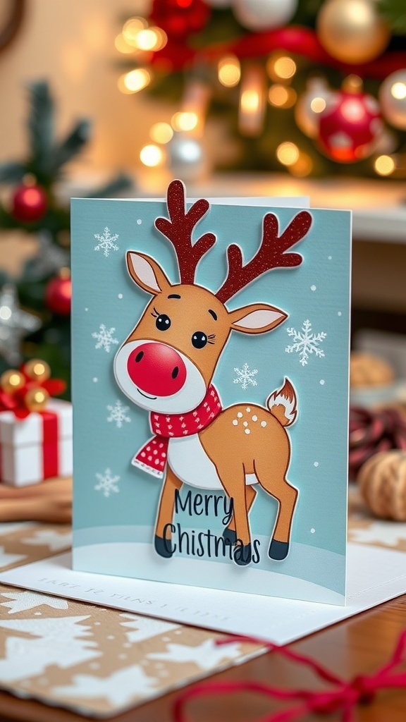 A handmade Christmas card with a reindeer design, decorated with festive colors and embellishments.